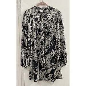 Small Mini Tunic Shirt Dress‎ Black White Floral Long Balloon Sleeves Buttons